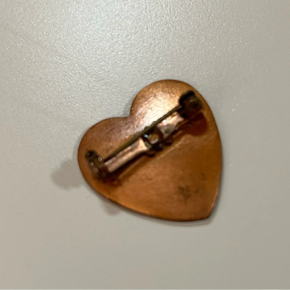 Vintage 1960 70 MCM modernist  Red Enamel Broken Heart copper Goth Brooch Pin